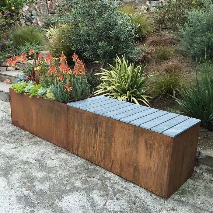 Raised Garden Beds |   Nice Corten Trough Planters with Bench Top PLANTERS & RAISED BEDS Raised Garden Beds